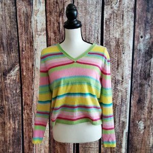 NWOT Calvin Klein Size Petite Medium 100% Cashmere Stripe V-Neck Sweater